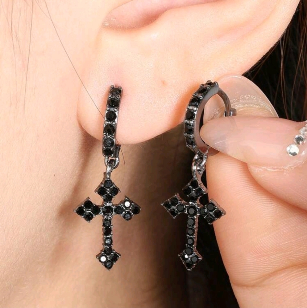 Gothic Black Cross Earrings with Gemstone Accents